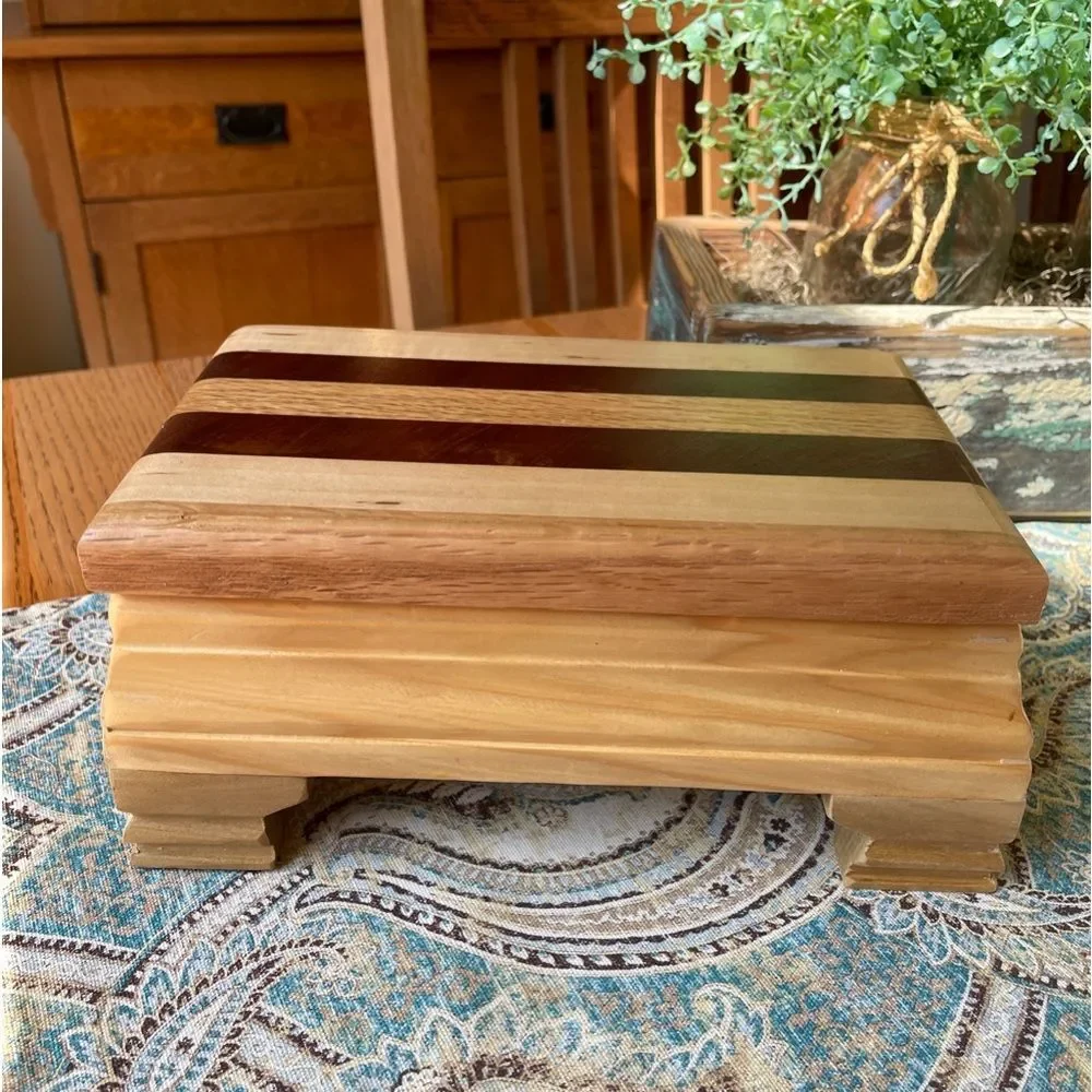 Artisan Signed Striped Hardwood Jewelry Keepsake Box Red Lined Footed